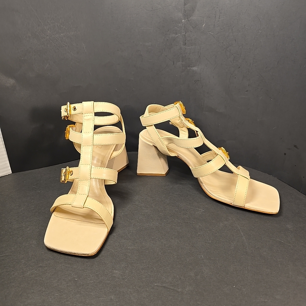 SCHUTZ Yala Block Sandal Womens Size 10 Eggshell Color With Gold Buckles New